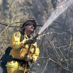 A Cal Fire firefighter works the front lines of a wildfire Sunday, Sept. 20, 2015, in Carmel Valley, Calif. The blaze burning north of the community of Jamesburg quickly grew after starting Saturday afternoon, the California Department of Forestry and Fire Protection said. (Vern Fisher/The Monterey County Herald via AP) MANDATORY CREDIT