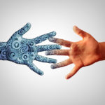 Merging with technology with man and machine coming together and merging into one as a technological concept of human computer engineering joining together with the intelligence of people.