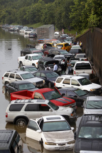 Motorists are  stranded along I-45 along North Main  in Houston after storms flooded the area, Tuesday, May 26, 2015. Overnight heavy rains caused flooding closing some portions of major highways in the Houston area. (Cody Duty/Houston Chronicle via AP)