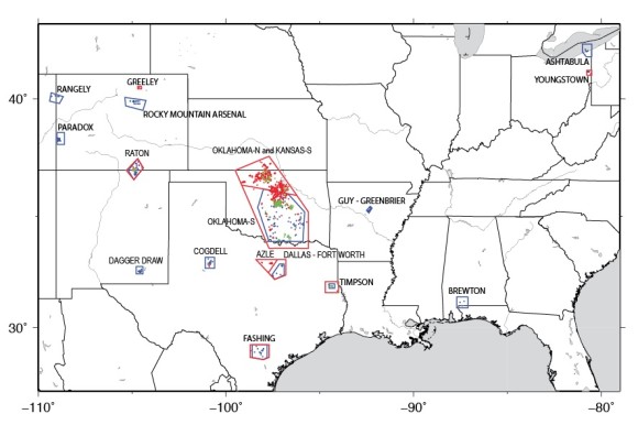 USGS Earthquake Induced Zones Map: Research has identified 17 areas in the central and eastern United States with increased rates of induced seismicity. Since 2000, several of these areas have experienced high levels of seismicity, with substantial increases since 2009 that continue today. Source: USGS