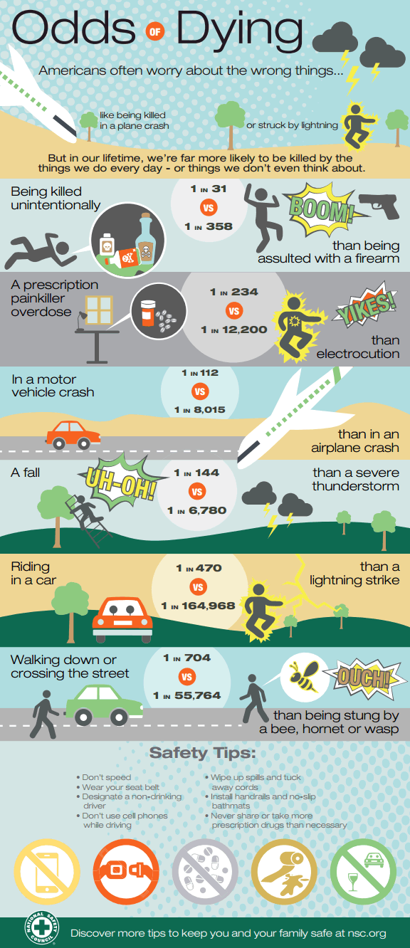 odds of dying lightning plane crash car crash surgery overdose falling bee sting