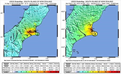 Christchurch earthquake ground-shaking intensity: 2010 M7.0 (left) and 2011 M6.1 (right)