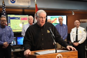 Missouri Governor Jay Nixon gives an update on the flooding situation in the state after consulting with  hydrologists at the National Weather Service in Weldon Spring, Missouri on December 29, 2015. Twelve people have died in flooding that may equal or surpass the Great Flood of 1993. Over 100 roads have been closed to to water over the roadways.  Photo by Bill Greenblatt/UPI