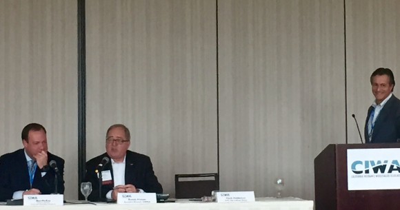 Ben McKay, executive director of the Surplus Line Association of California, and Bernie Hines, executive director of the American Association of Managing General Agents ,discuss surplus lines issue at the California Insurance Wholesaler meeting on Jan. 11. Moderating the panel was Hank Haldeman, executive vice president and director with The Sullivan Group, president of the National Association of Professional Surplus Lines and a past president of CIWA.