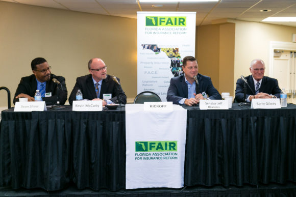 From left: Former Florida Consumer Insurance Advocate Sean Shaw; Outgoing Florida Insurance Commissioner Kevin McCarty; Florida State Senator Jeff Brandes; and CEO Of Citizens Property Insurance Corp. Barry Gilway discussed the assignment of benefit crisis at FAIR's Conference on April 28. Photography by: Knight Light Imagery