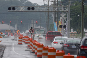 With stormy weather advancing ahead of Tropical Storm Colin traffic slows in Jacksonville, N.C., Monday, June 6, 2016. (John Althouse/The Jacksonville Daily News via AP) 