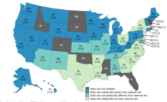 State nonfatal occupational injury and illness incidence rates, private industry, 2015. Source: Bureau of Labor Statistics.