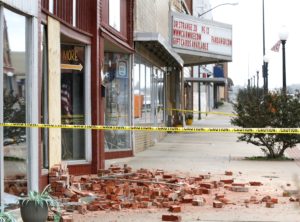 Damage in Cushing, Okla., is seen on Monday, Nov. 7, 2016, caused by Sunday night's 5.0 magnitude earthquake. Dozens of buildings sustained "substantial damage" after a 5.0 magnitude earthquake struck Cushing, home to one of the world's key oil hubs, but officials said Monday that no damage has been reported at the oil terminal. (Jim Beckel The Oklahoman via AP)