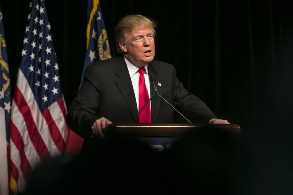 21 February 2016: Republican Presidential candidate Donald Trump speaks to several thousand supporters at a rally in Atlanta, Georgia.