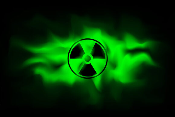 Radiation sign on background of polluted green fog.The spread radioactive contamination nuclear weapons. Dangerous haze poisoned. Vector illustration