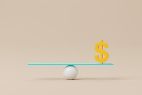 Dollar sign symbol on scale seesaw. Balance scale on background. 3d illustration