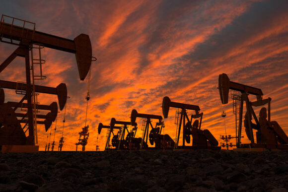 3D render of pump jacks in an oil field