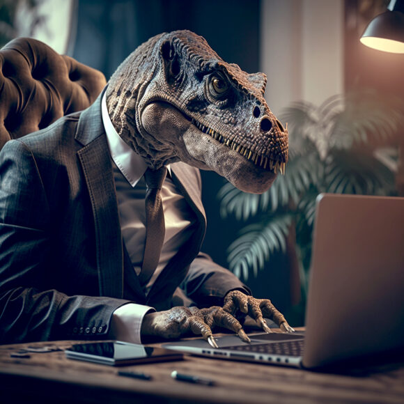 Photorealistic comic illustration computer rendering office worker with dinosaur head working on computer