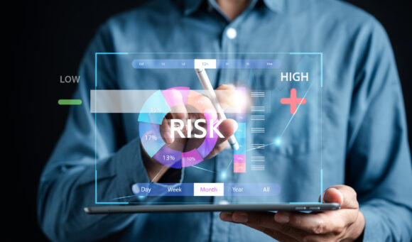 High Risk of Business decision making and risk analysis. Measuring level bar virtual, Risky business risk management control and strategy.