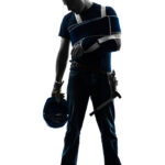 one injured manual worker man with injury brace despair in silhouette on white background