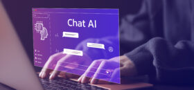 Chat Bot Chat with AI or Artificial Intelligence technology. Woman using a laptop computer chatting with an intelligent artificial intelligence asks for the answers he wants.