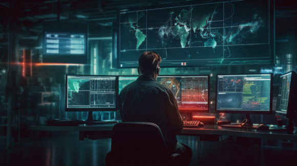 A security expert in front of multiple computer screens in a network operations centre near a server room. Cybersecurity, Cyber awareness training. Generative AI.