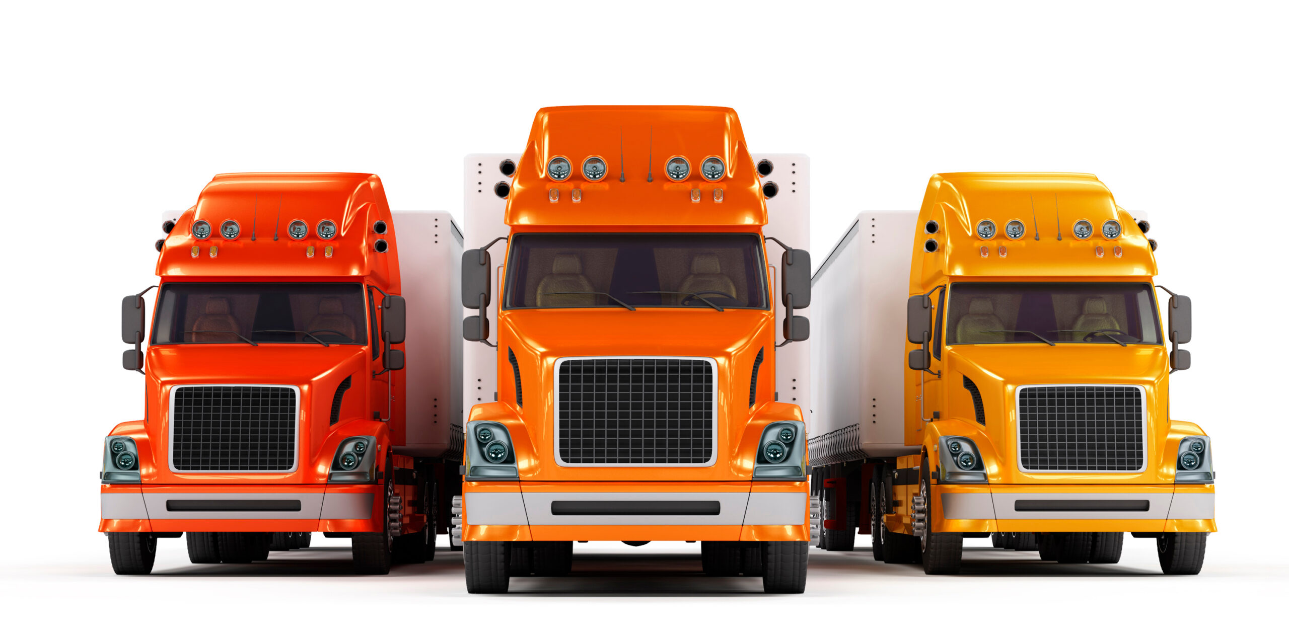 Red, orange and yellow trucks isolated on white background