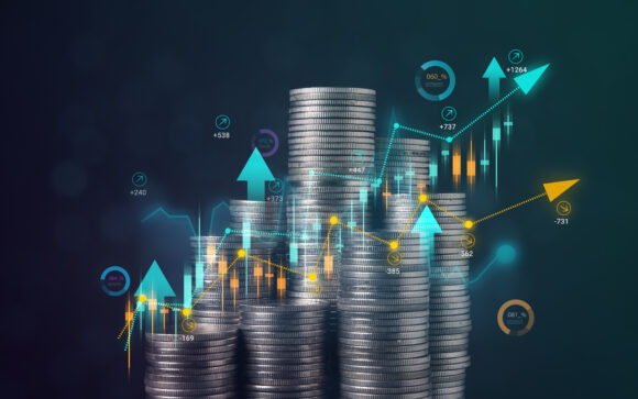 Stack of coins with graph chart growth up, Business marketing, Coins for saving money, Growth investing, Income stability, Saving money for future investments, Financial investment