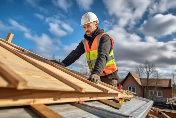 Middle-aged Caucasian man in hardhat is working on the construction of a wooden frame house. Male roofer is in the process of strengthening the wooden structures of the roof of a house.