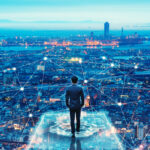 Business technology concept, Professional business man walking on future network city background and futuristic interface graphic at night, Cyberpunk color style