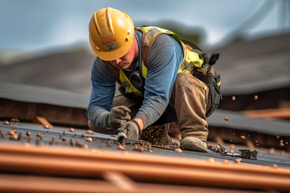 Construction worker install new roof. Roofing tools. Electric drill used on new roofs with metal sheet