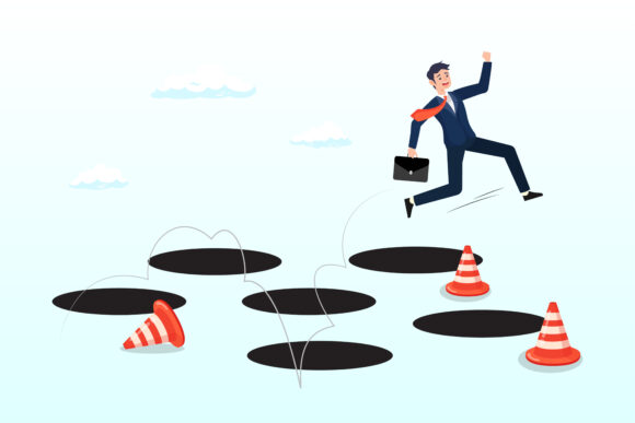 Smart businessman jump pass many pitfalls to achieve business success, avoid pitfall, adversity and brave to jump pass mistake or business failure, skill and creativity to solve problem (Vector)