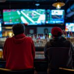 a sports bar with beer and two players watching the game, in the style of cinematic view