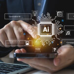 Businessman using laptop and smartphone chat with AI to connecting smart robot AI, enter command prompt for generate idea, prompt engineering, futuristic technology transformation, solve problem, SEO.