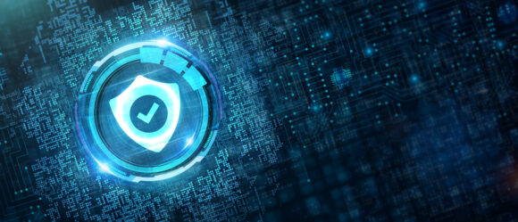 Cyber security data protection business technology privacy concept. Young businessman select the icon security on the virtual display.