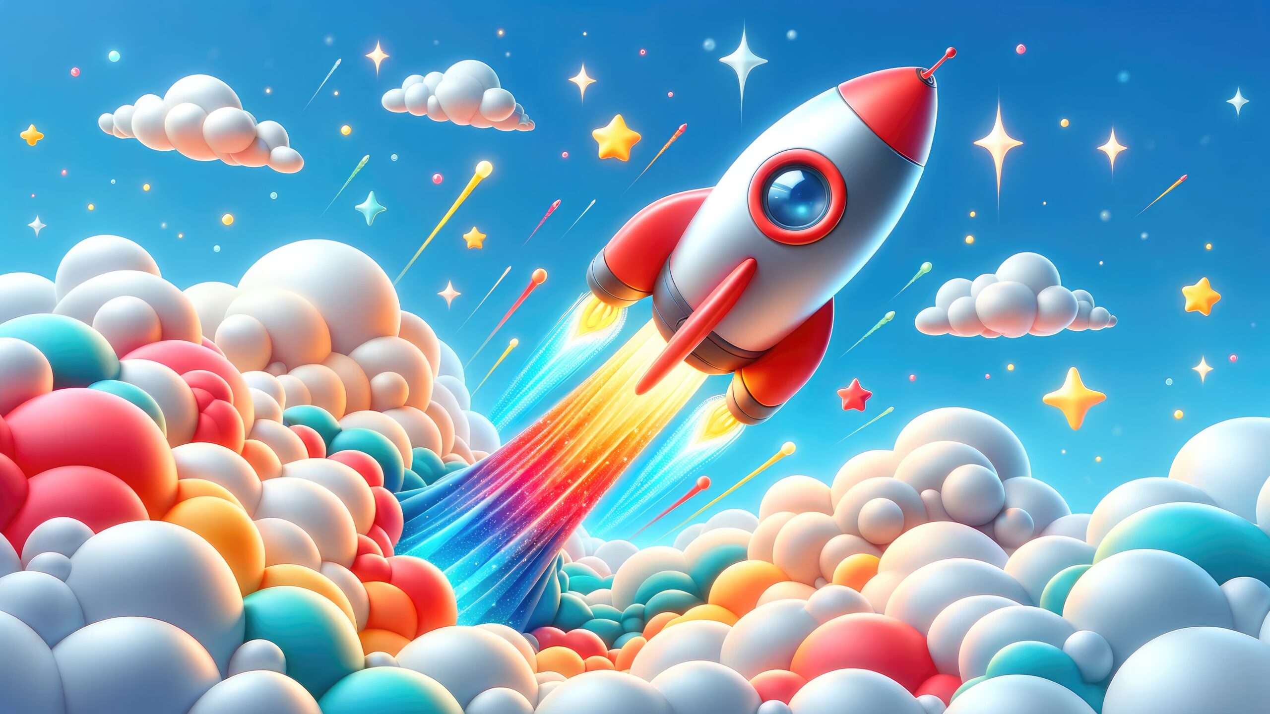 Cute 3D rocket soars high into the blue sky on blue background. Concept for business startups and rapid development with business growth ideas.