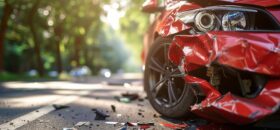 red car has been in an accident stands smashed at the kerb against an empty road. Concept of auto insurance or road safety. Generative ai