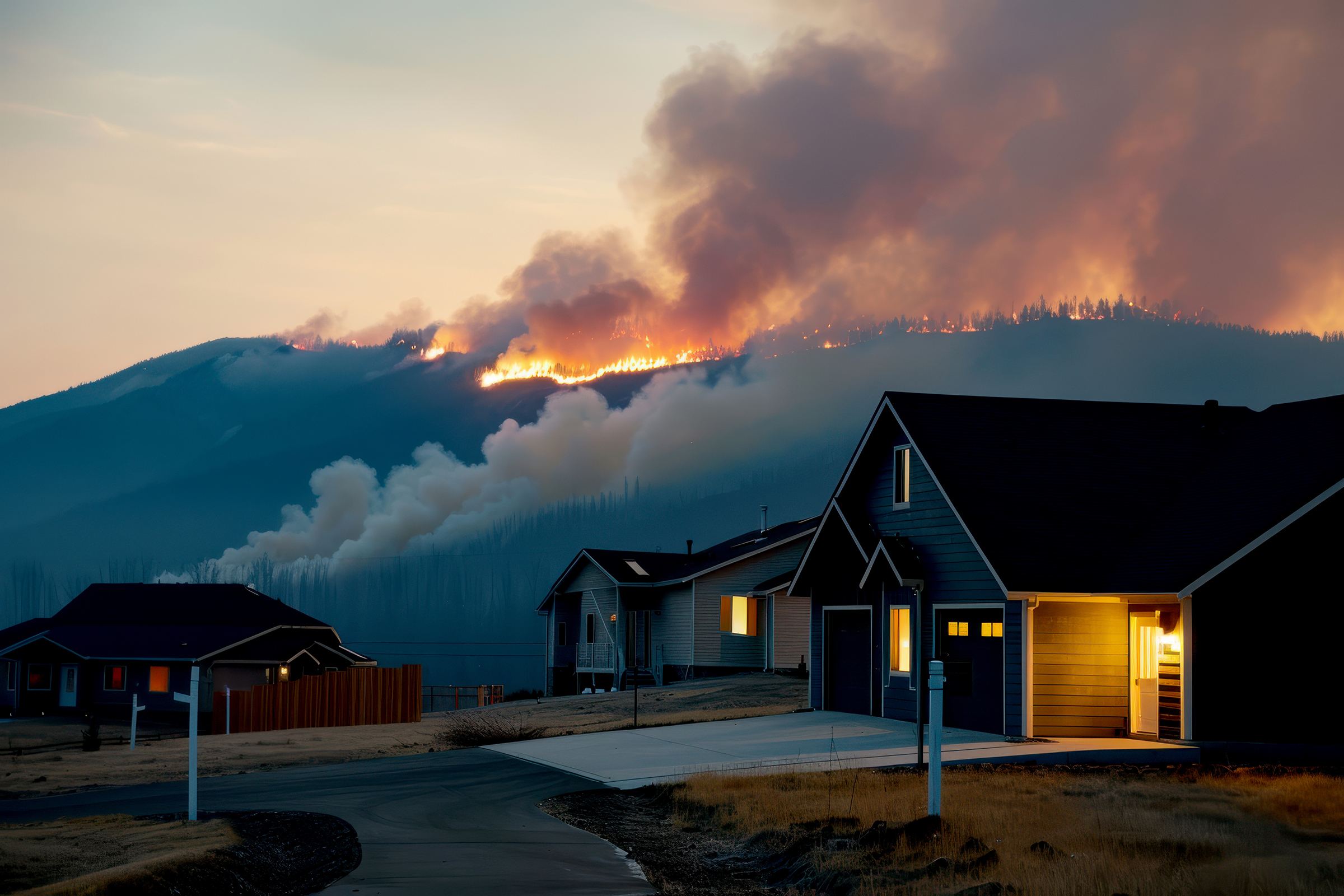 A dramatic sunset view of houses near a mountainside wildfire, emphasizing the dangers of fire and the beauty of nature.