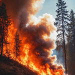 Massive forest fire with fire glow burning charred trees and dark smoke. Wildfire, climate change and extreme heat. Environmental ecological problem. Concept of natural disasters.
