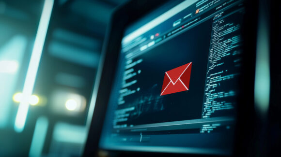 A realistic close-up photograph of a computer screen displaying a phishing email. The suspicious link is clearly highlighted, emphasizing the potential threat. The image captures the details of the email interface, providing a wide copyspace for further context or messaging, making it an ideal visual for cybersecurity awareness.