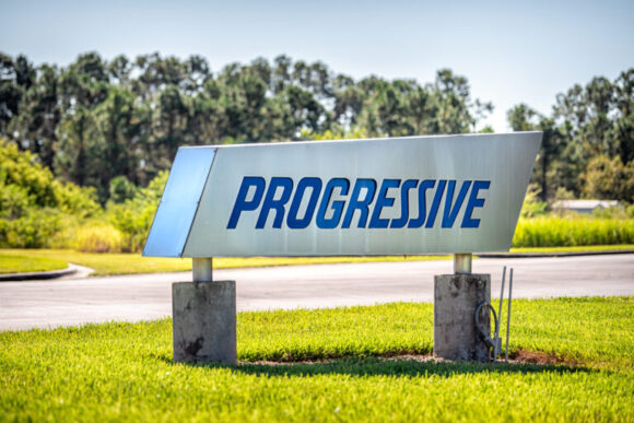 Riverview, USA - October 4, 2021: Progressive insurance office headquarters entrance sign in Tampa, Florida the second largest campus in the country with nobody