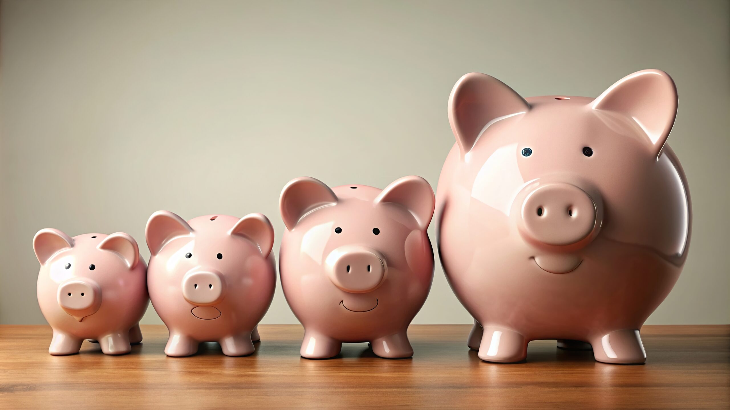 inflationary pressures, A stock photo featuring a group of piggy banks in different sizes illustrating the concept of inflation shrinkflation financial problems and forced perspective