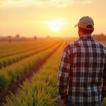 Farmer stands in field at sunset. Rural landscape. Contemplating crop insurance weather resilience. Plans for safe harvest. Agricultural industry. Crop protection strategy. Pro advice. Expert