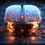 Big data and artificial intelligence concept. Human brain glowing from processor, symbolizing the fusion of human intelligence and machine learning capabilities. Evolution of technology of data.