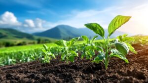 Expansive rural landscape showcasing a vibrant blend of diverse crops advanced irrigation systems and modern farming practices that promote sustainable agricultural production