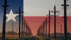 Electricity in the Texas. Electric poles on the background of the Texas flag. Texas flag and Electric poles.