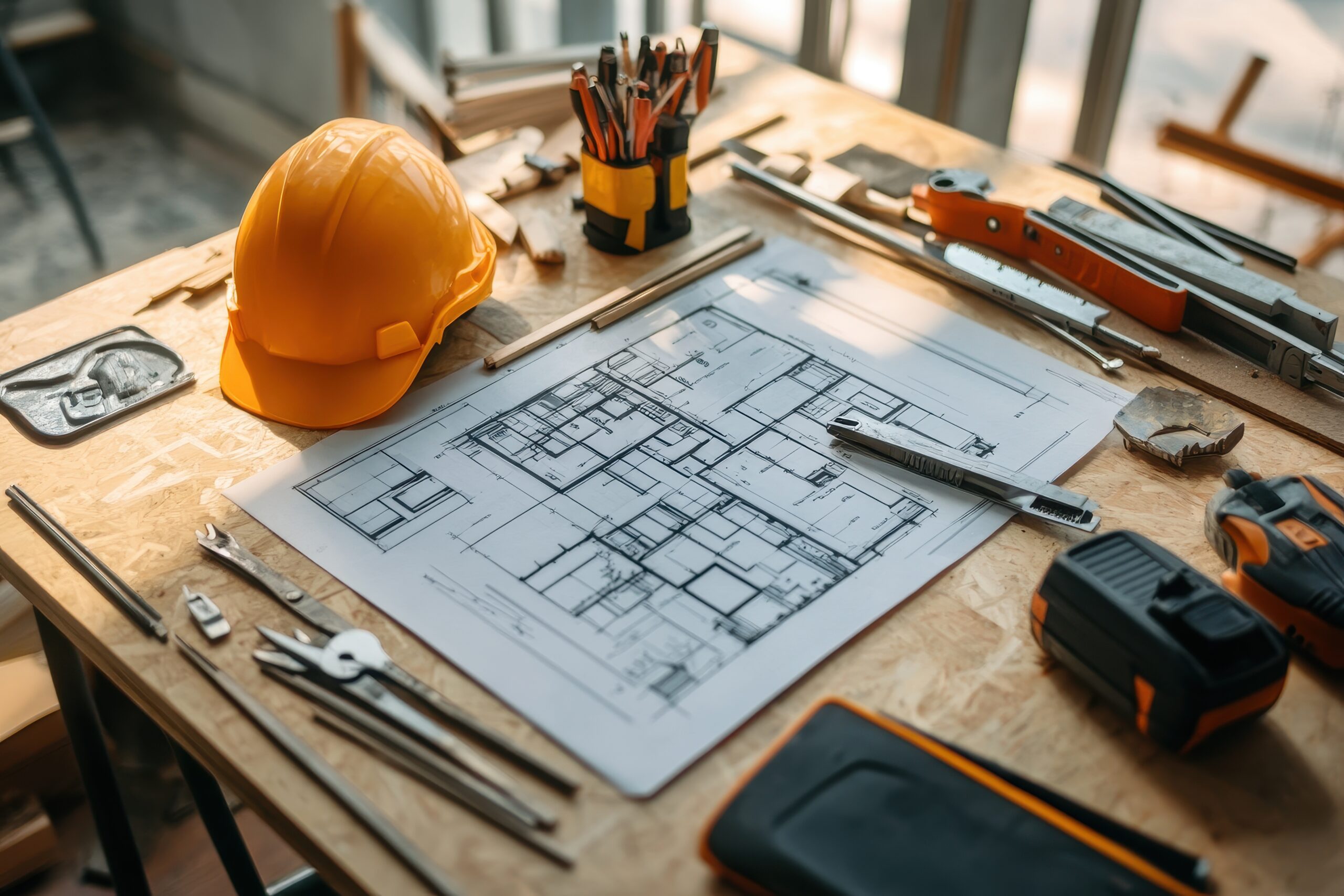 Home interior featuring architecture construction tools and DIY equipment for design and renovation projects