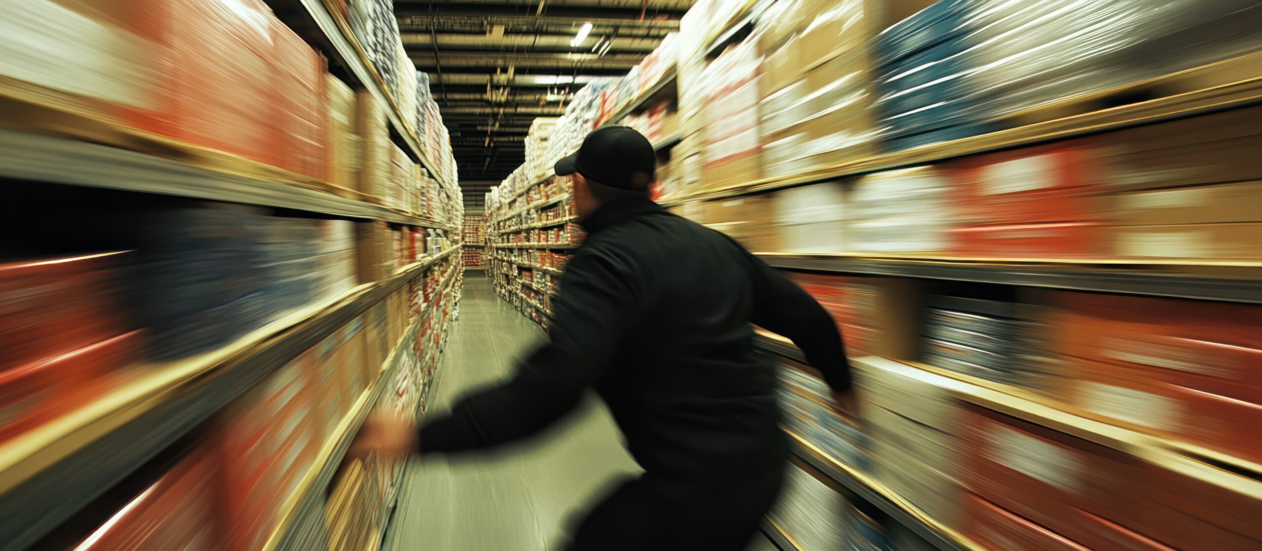 Warehouse worker running, blurred shelves