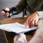 Injury, compensation and man hands with insurance documents, legal contract and paperwork. Disability, accident and people in lawyer or attorney meeting for advice, agreement or policy report closeup.