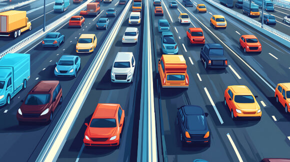 A detailed illustration of a busy highway with multiple lanes of