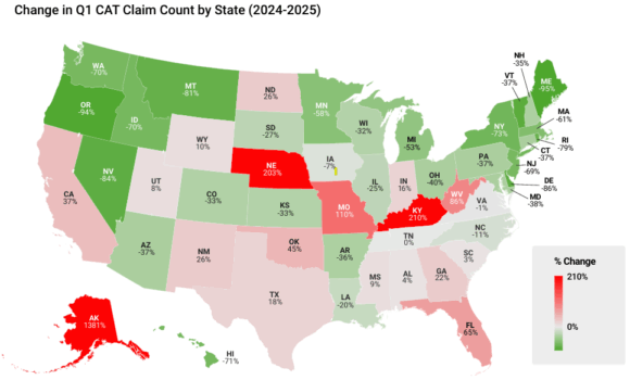 Change in Q1 CAT Claim Count by State (2024-2025)