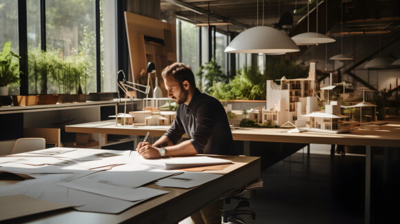 Male architect working on a project in a coworking space. generative ai.