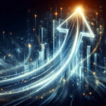 Dynamic Glowing Abstract Upward Arrow Symbolizing Business Growth with Swirling Lights and Forward Trajectory - Photo Stock Concept for Success and Progress