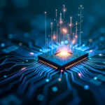 A detailed depiction of a microchip at the center, surrounded by vibrant, glowing data streams that highlight advancements in technology and computing
