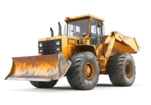 3D illustration of a yellow front-end loader (bulldozer) with a large bucket on a white background,